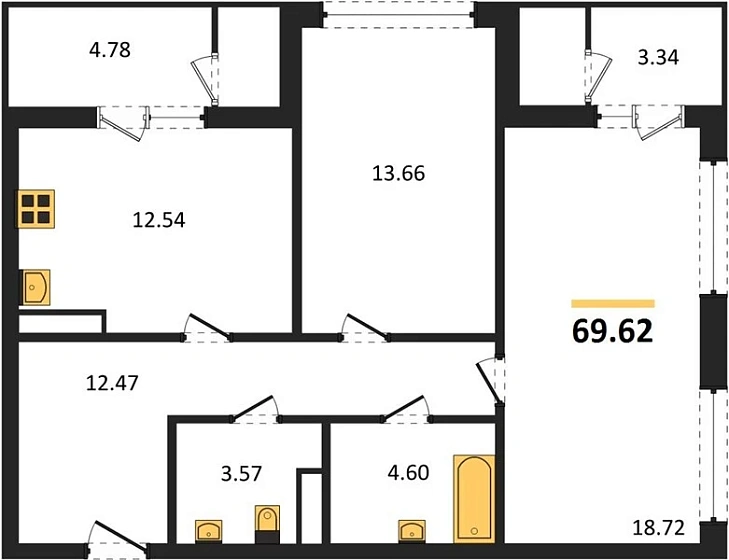 Квартира 2-комн. 69.62 кв. м