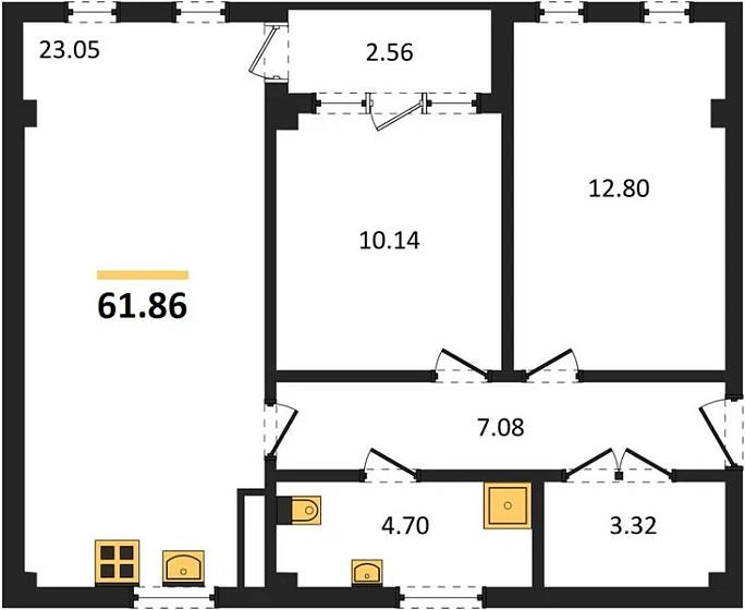 Квартира 2-комн. 61.86 кв. м