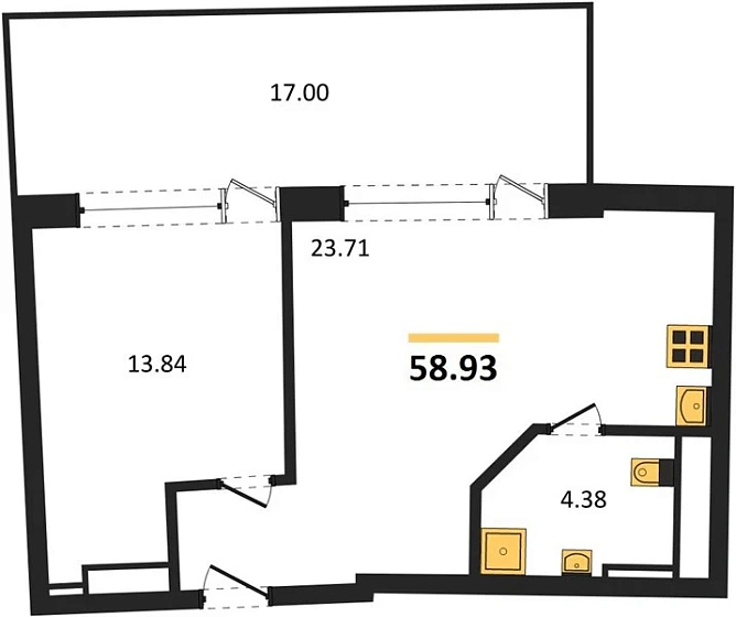 Апартаменты 1-комн. 58.93 кв. м