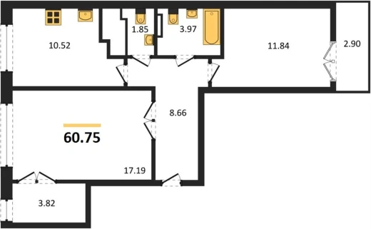 Квартира 2-комн. 60.75 кв. м