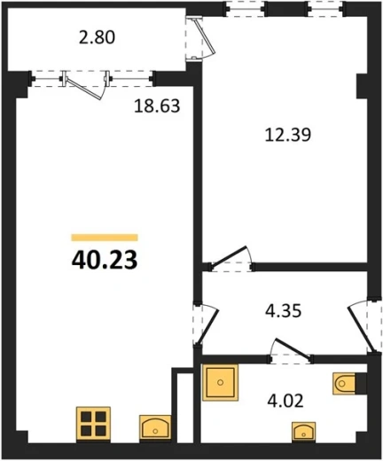 Квартира 1-комн. 40.23 кв. м