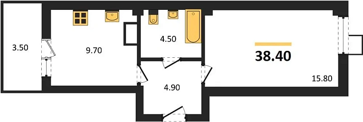 Квартира 1-комн. 38.4 кв. м