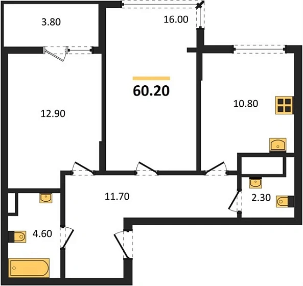 Квартира 2-комн. 60.2 кв. м