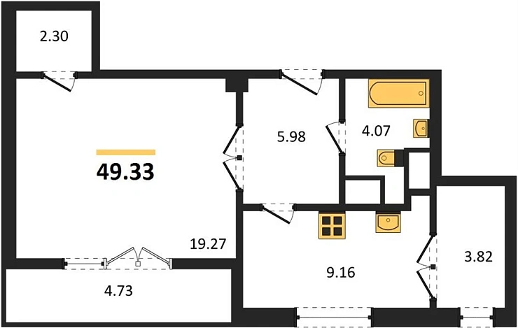 Квартира 1-комн. 49.33 кв. м
