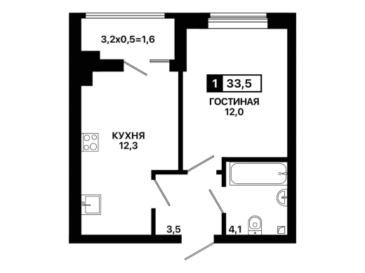 Квартира 1-комн. 33.5 кв. м