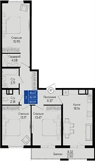 Квартира 3-комн. 84.59 кв. м