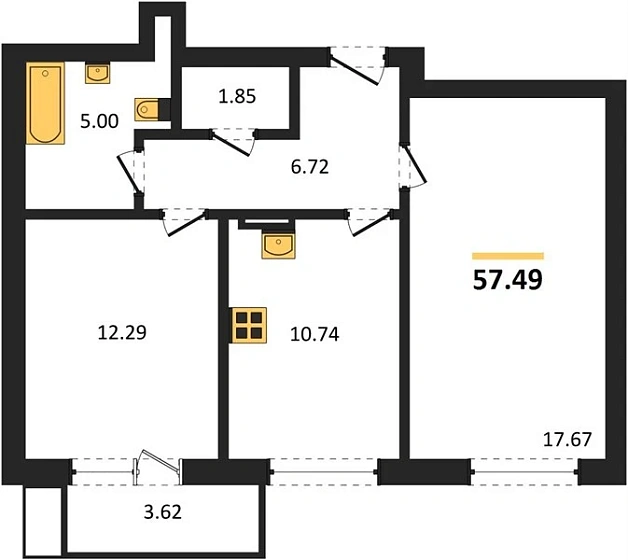 Квартира 2-комн. 57.49 кв. м
