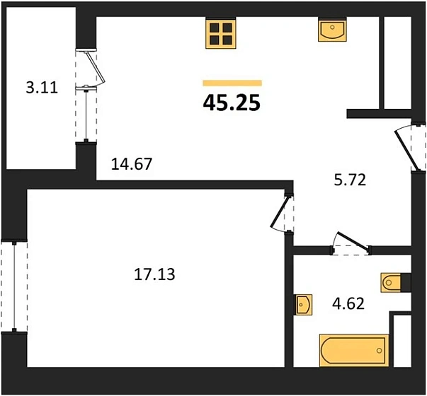Квартира 1-комн. 45.25 кв. м