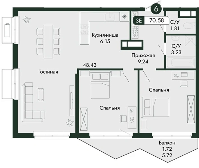Квартира 2-комн. 70.58 кв. м