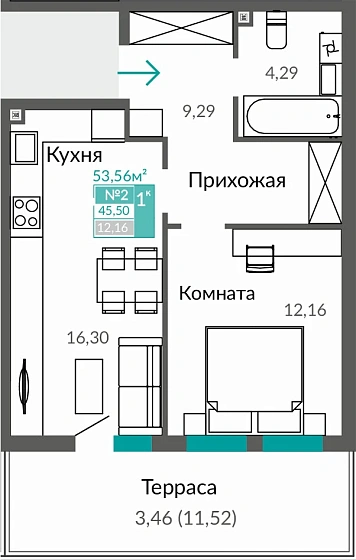 Квартира 1-комн. 45.5 кв.м