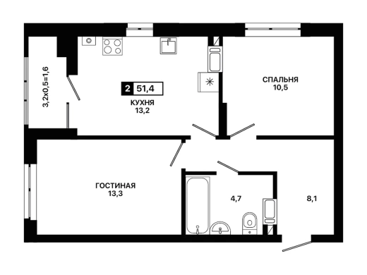 Квартира 2-комн. 51.4 кв. м