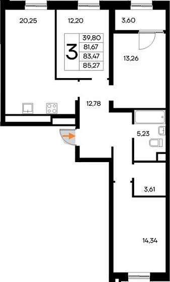 Квартира 3-комн. 85.27 кв. м