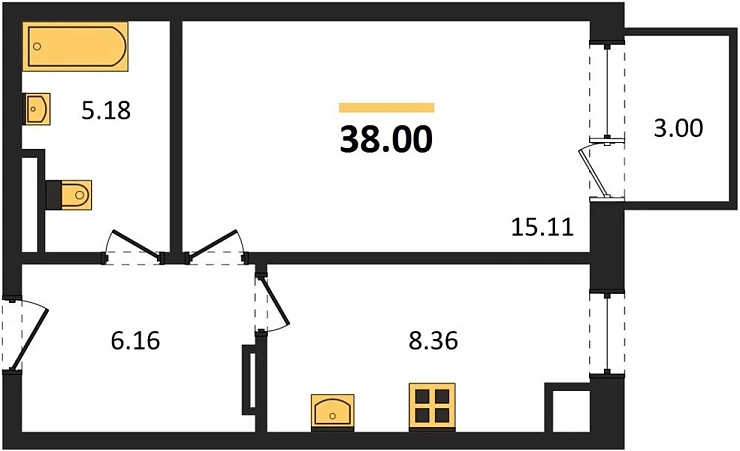Квартира 1-комн. 38 кв. м