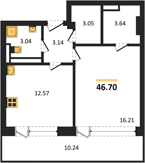 Квартира 1-комн. 46.7 кв. м