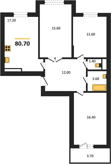 Квартира 3-комн. 80.7 кв. м