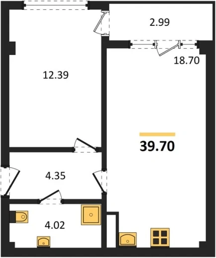 Квартира 1-комн. 39.7 кв. м