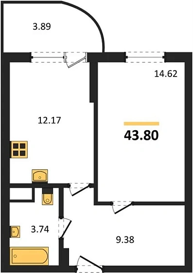 Апартаменты 1-комн. 43.8 кв. м