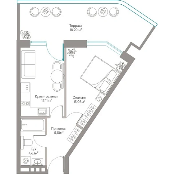 Квартира 1-комн. 53.82 кв. м
