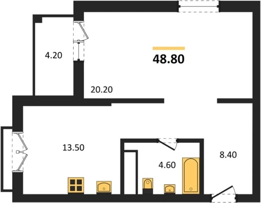 Квартира 1-комн. 48.8 кв. м