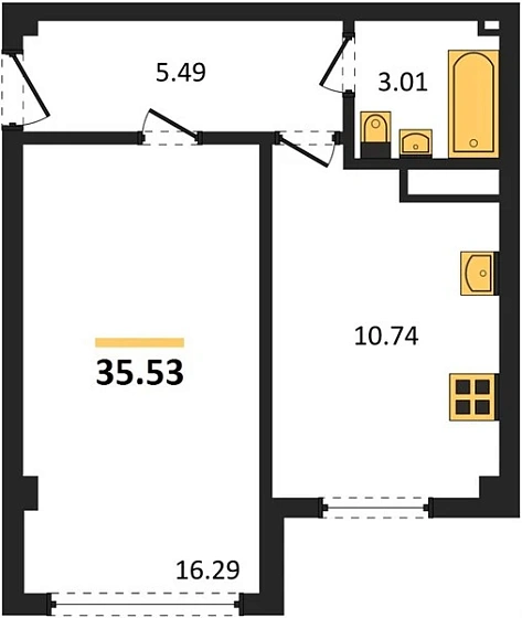 Квартира 1-комн. 35.53 кв. м