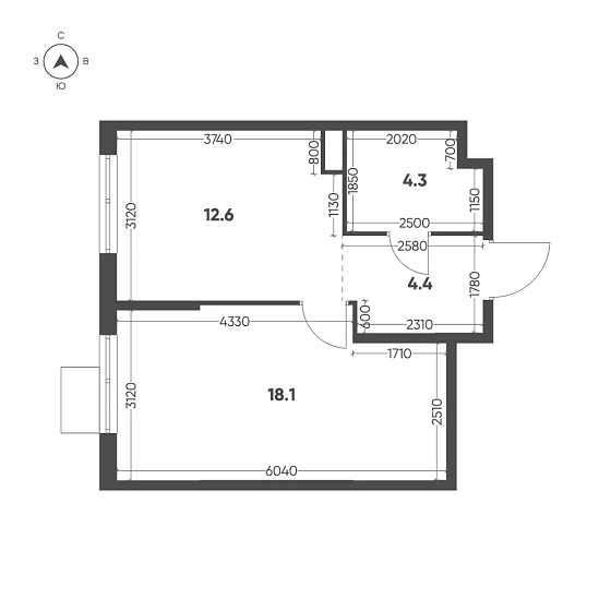 Квартира 1-комн. 39.4 кв. м