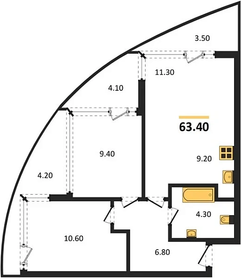 Квартира 2-комн. 63.4 кв. м