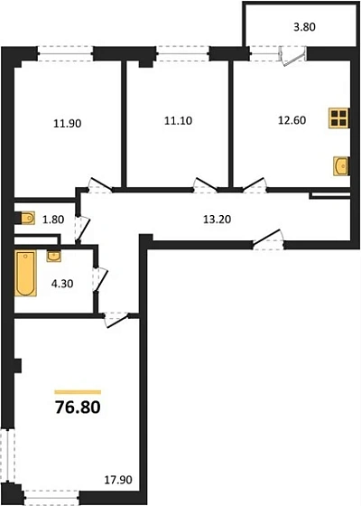 Квартира 3-комн. 76.8 кв. м