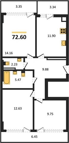 Квартира 3-комн. 72.6 кв. м
