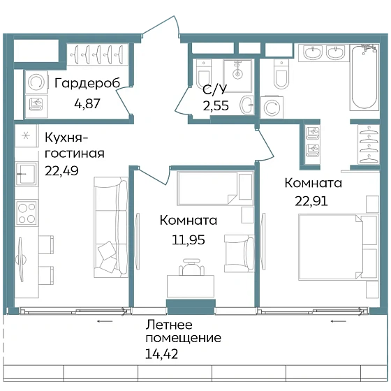 Апартаменты 3-комн. 79.19 кв. м