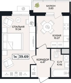 Квартира 1-комн. 39.69 кв. м