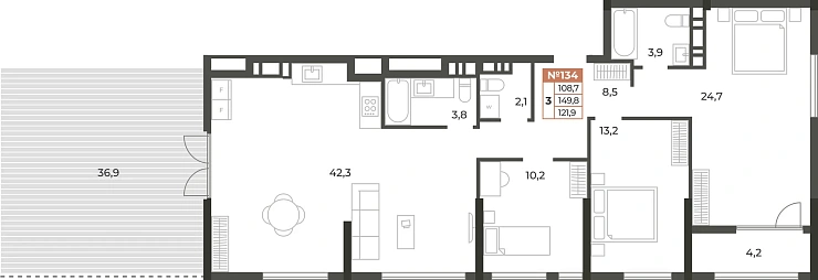 Квартира 3-комн. 121.9 кв.м