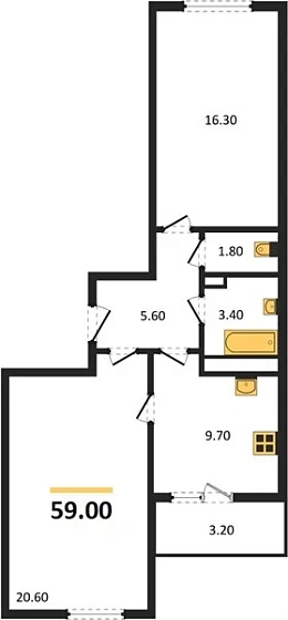 Квартира 2-комн. 59 кв. м
