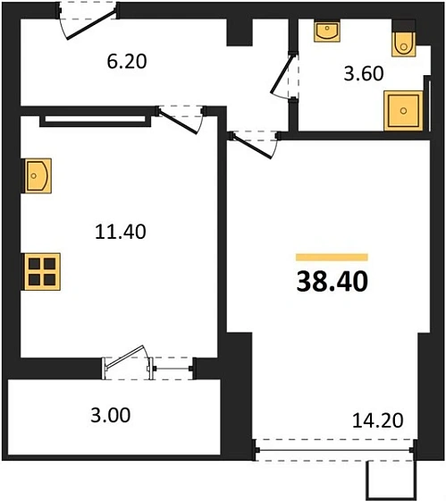 Квартира 1-комн. 38.4 кв. м