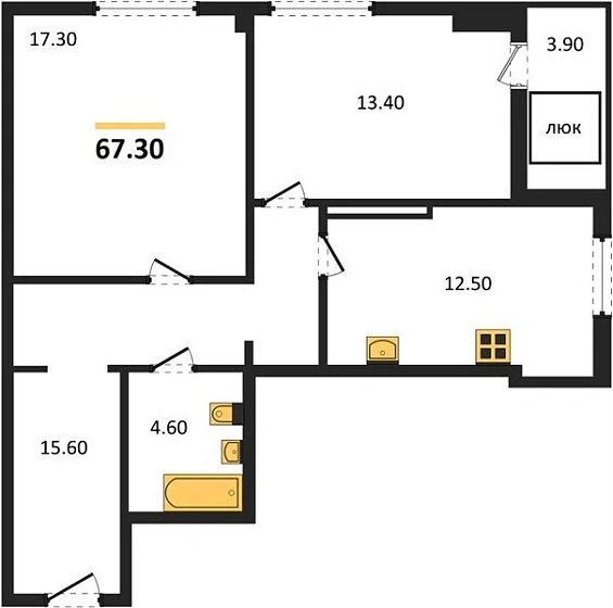 Квартира 2-комн. 67.3 кв. м