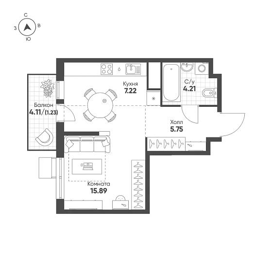 Квартира 1-комн. 34.3 кв. м