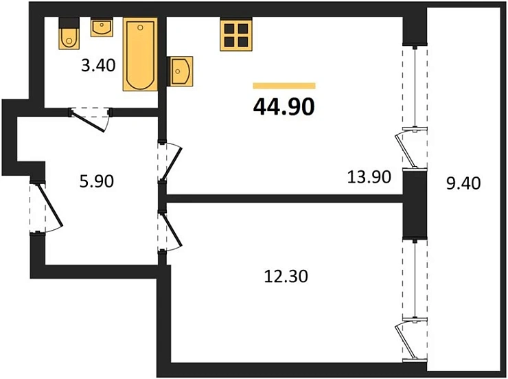 Апартаменты 1-комн. 44.9 кв. м