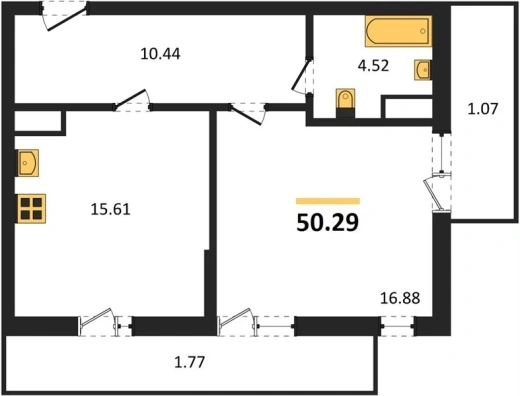 Квартира 1-комн. 50.07 кв. м