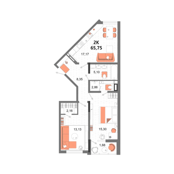 Квартира 2-комн. 65.75 кв. м