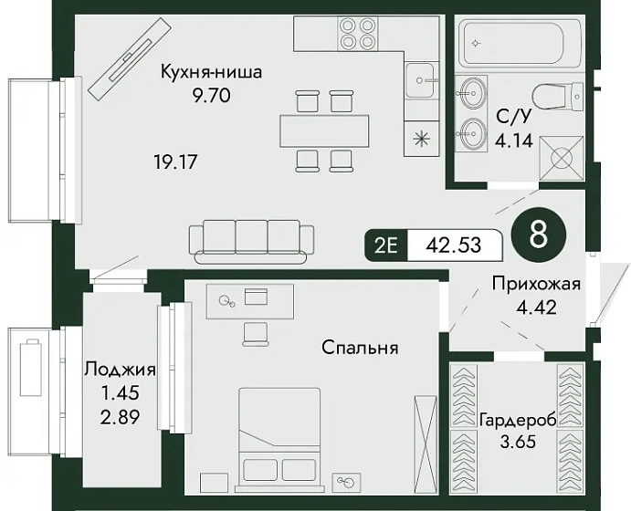 Квартира 1-комн. 42.53 кв. м