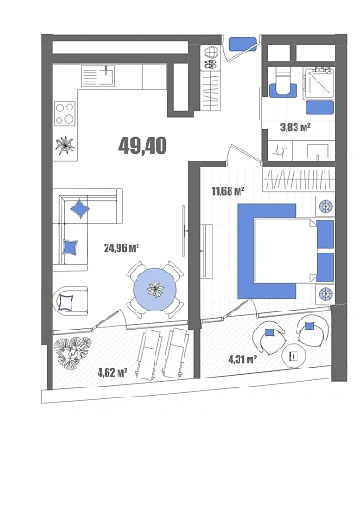 Апартаменты 1-комн. 49.4 кв. м
