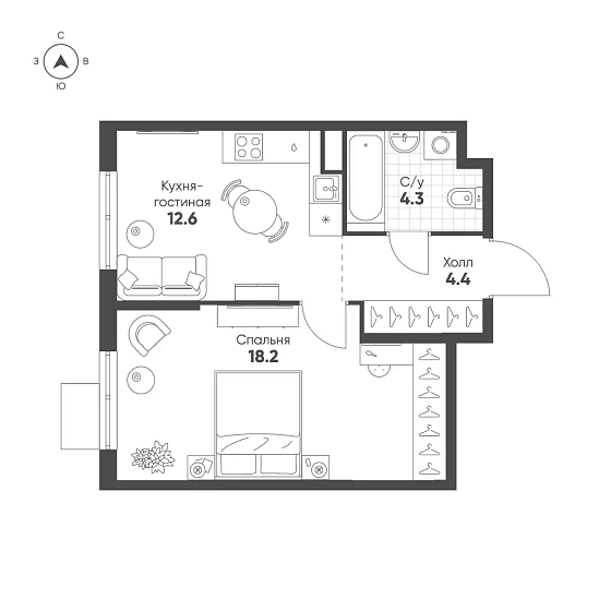 Квартира 1-комн. 39.5 кв. м