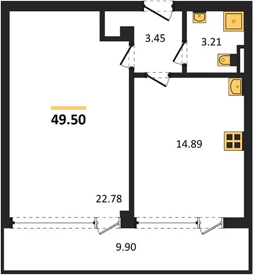 Квартира 1-комн. 49.5 кв. м