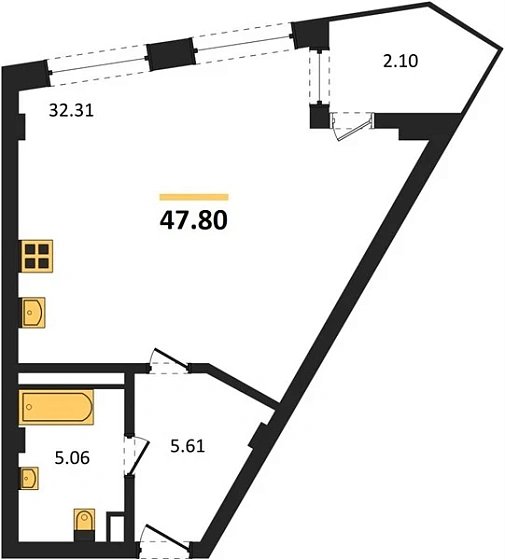 Апартаменты 1-комн. 47.8 кв. м