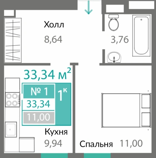 Квартира 1-комн. 33.34 кв.м