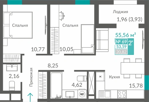 Квартира 2-комн. 53.59 кв.м