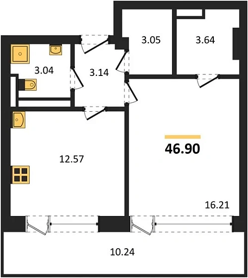 Квартира 1-комн. 46.9 кв. м