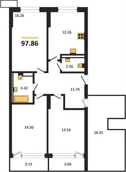 Квартира 3-комн. 97.86 кв. м