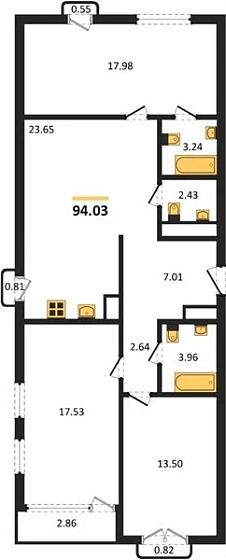 Квартира 3-комн. 94.03 кв. м