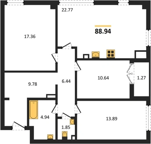 Квартира 3-комн. 88.94 кв. м