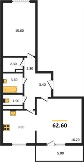 Квартира 2-комн. 62.6 кв. м
